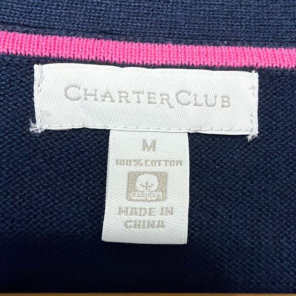 Preppy Argyle Cardigan Button Up Y2k Macy's Cotton Navy Blue Grandmacore Size M - Picture 6 of 7